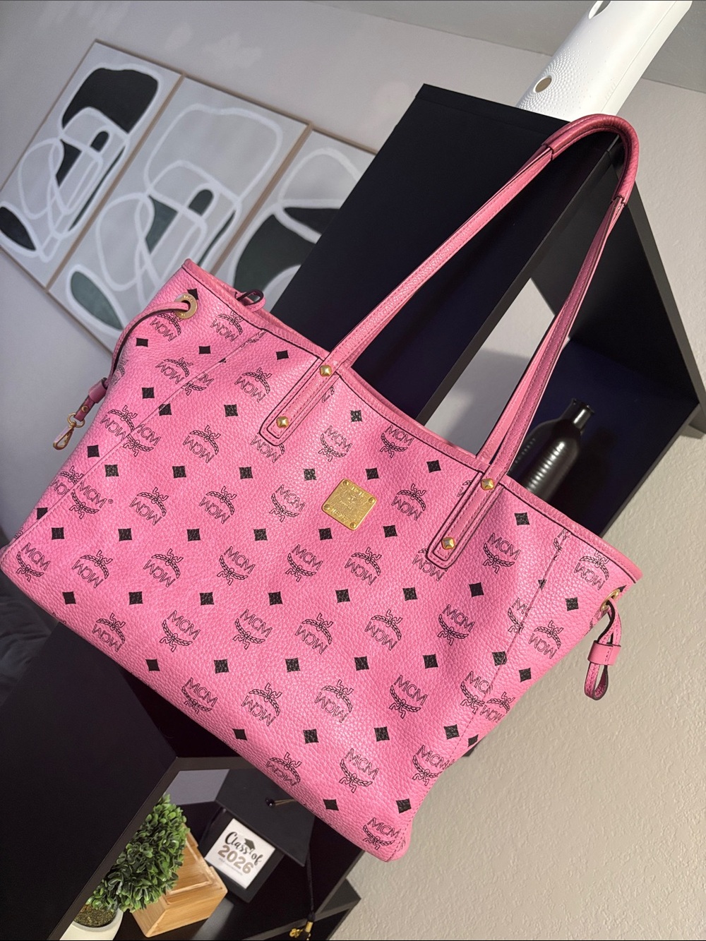 MCM Liz Reversible Shopper Tote in Pink Visetos, with a matching removable pouch